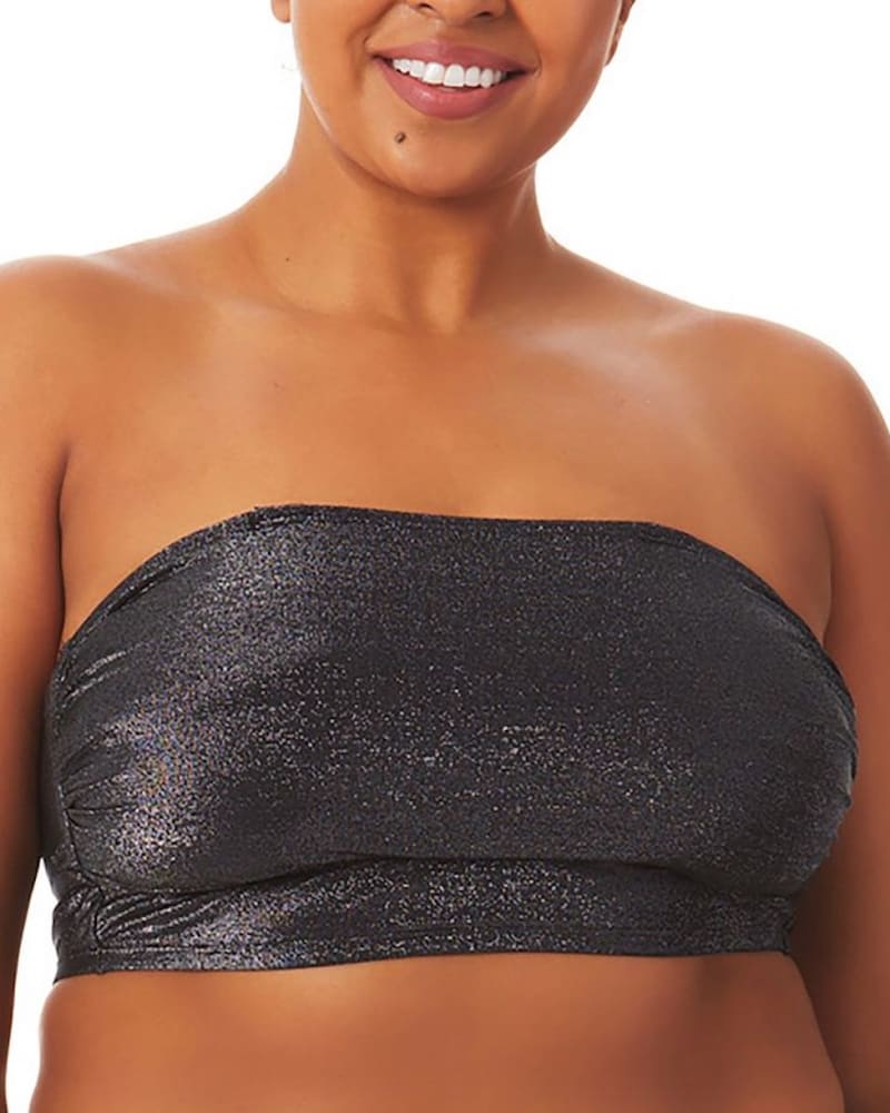 Front of a model wearing a size 1X California Waves Women's Plus Metallic Bandeau Bikini Top Swimsuit Black Size 1X in Black by California Waves. | dia_product_style_image_id:310958